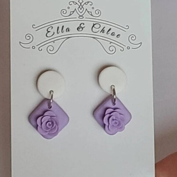 Summer Spring White Purple Colourblock Clay Floral Drop Flower Dangle Earrings - Picture 4 of 5